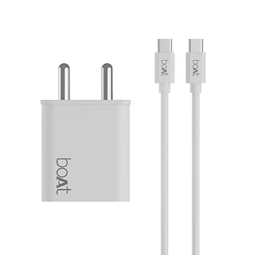 boAt WCDV 22.5W Dual Port Fast Charger, Overheat/Overcharge Protection, Auto Detection for Samsung, Xiaomi & Android Users with Type C to Type C Cable