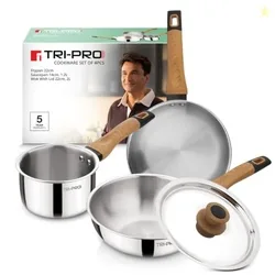 Bergner Tripro Triply 4 Pcs Cookware Set - Frypan 22cm, Saucepan 14cm (1.2L), Wok with Stainless Steel Lid 22cm (2L), Sturdy Wooden Handle, Less Oil,