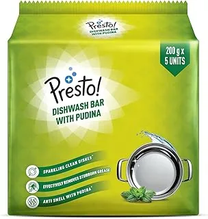Amazon Brand - Presto! Dishwash Bar - Pudina | 200g | 5 Bars Each X Pack of 1 | Removes Tough Grease | Fresh Pudina Fragrance | Gentle on Hands Amazon