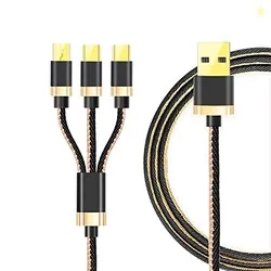 MKU3I1 3 Amp 3 in 1 Nylon Braided Multi Charging Cable Multiple USB Phone Charger Cord Type C/Micro USB & iOS Connector (Black with Golden)