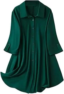 Dresses for Women Western| Women's Solid Long Shirt for Women | Casual Button Down Tunic Top | Collared 3/4 Roll-Up Sleeve Loose Fit Office Wear Shirt
