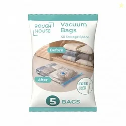 Roughhouse Ultra-Durable Vacuum Storage Bags Pack of 5 Space Saver for Clothes and More- Airtight, Reusable Compression Bags with Double-Zip Seal, Fre