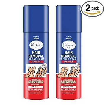 Vetoni Veclean Hair Removal Spray Foam, 200ml x 2, for Men & Women, 3 Mins Formula, Painless, Enriched with Aloe Vera & Lemon, for Chest, Back, Legs &
