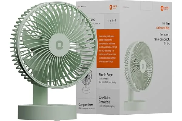Orient Electric Elfie Rechargeable Personal Fan | 90 Adjustable Airflow | 1800 mAh Battery | 4 Speed Modes | Quiet Operation | USB Type-C Charging |