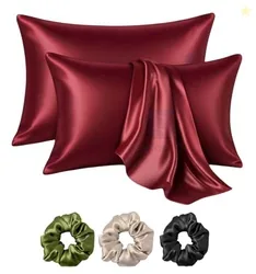 Shop141 Satin Silk Pillow Cover for Hair and Skin 2 Piece with 3 Piece Satin Silk Scrunchies Free Solid Pillow Covers with Envelope Closure