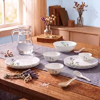 Novo By La Opala Opalware Dinner Set 35 Pieces for Family of 6,Blue Florets | Microwave & Dishwasher Safe Crockery Set for Home, Bone-Ash Free Bowls &
