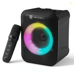 Portronics Apollo One 20W Wireless Bluetooth Portable Speaker with Wireless Karaoke Mic 5 Hour Playtime, RGB LED Light, Bluetooth V5.3, Easy Grab Handle, USB/AUX in/TF Card, Type C Charging(Black)