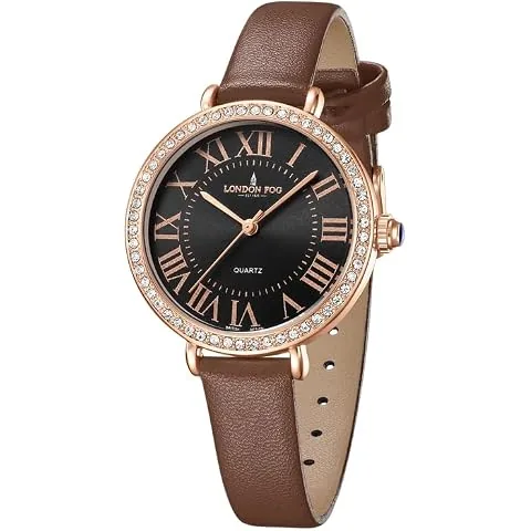 London Fog Marylebone Collection Analog Quartz Watch for Women with Round Dial, Roman Numeral Hour Markers, Crystal-Studded Bezel and Leather Strap -