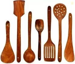 Green Wood Stylish Wooden 7 Pcs Cooking Spoon, Kitchen Tool Set - Serving Spoon, Table Spoon, Salad Spoon, Measuring Spoon | Medium, Non-Chemical, Eco