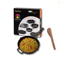 Human Hydro Pre-Seasoned Cast Iron Fry Pan (24CM) with Wooden Spatula | Naturally Nonstick, Induction & Gas Compatible | Heavy-Duty Skillet for Frying