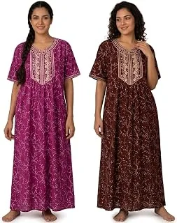 Embroidery Nighty for Women Pure Cotton Combo Pack of 2 | Free Size Gown for Women Cotton | Nighties for Women Stylish Night Dress | Maxi Sleepwear Ma