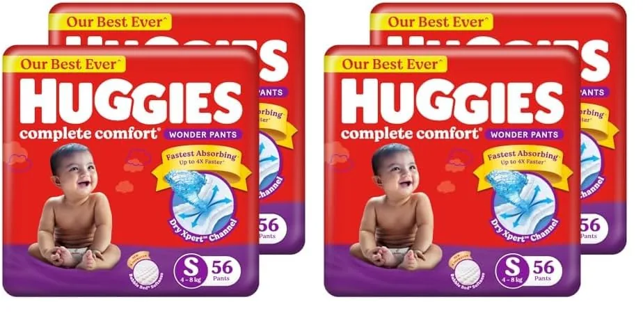 Huggies Complete Comfort Wonder Pants | Pant Style Baby Diapers S Size, 112 Count | India's Fastest Absorbing Diaper, Patented Dry Xpert Channel,