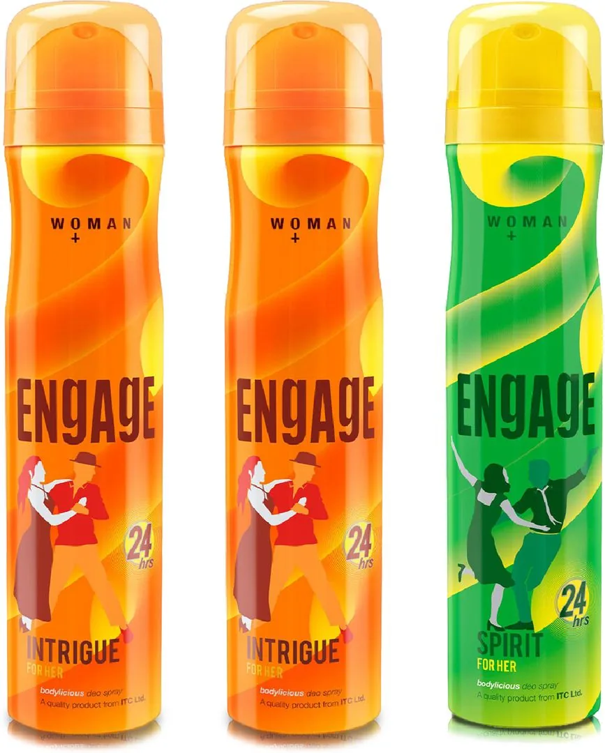 Engage Deo Combo 2 Intrigue for Her 150ml & 1 Spirit for Her 150ml Deodorant Spray - For Women 450 ml, Pack of 3
