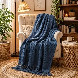 Amazon Basics Waffle Throw Blanket | Knit & Chevron Pattern with Fringes | Aesthetic Decorative Couch Throw for Living Room, Sofa, Bed and Chair | 152