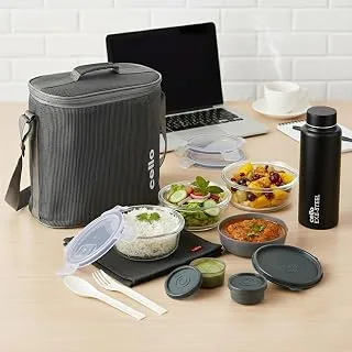 CELLO MF Glassy Pro Max Lunch Box with Bag for Office Grey | 3x400ml Glass Container, 1x225ml, 2x50ml Mini Container, Bottle 700ml with Cutlery & Napk