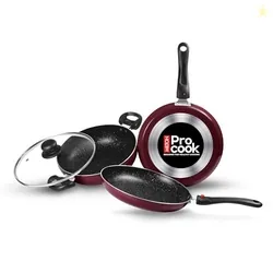 Milton Pro Cook Kitchen Pride Set of 3 Non Stick Cookware | PFOA Free Coating, Non Induction | Includes Nonstick Tawa, Fry Pan, Kadhai with Glass Lid,