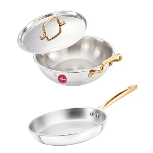 Amazon Brand - Solimo 2 PCS Premium Triply Stainless Steel Cookware Set (Kadai 22cm(1.8L) & Frypan 22cm with common lid) |Gas & Induction Compatible | Dishwasher Safe | Elegant Golden Handles | BIS Certified