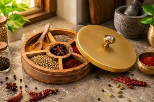 PIK BIOLOGISCH Wooden Masala Box for Kitchen | Masala Box with 5 Compartments | Wooden Spice Box | Anjarai Petti | Masala Box Wooden with Spoon | Hous