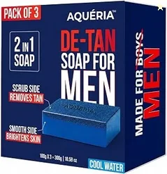 Aqueria De-Tan & Brightening 2-in-1 Bath Soap for Men | Cool water perfume | Tan Removal, Skin Brightening & Gentle Exfoliation | Dual-Sided Scrub & S