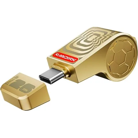 SANDISK USB Type-C Flash Drive 128GB, FIFA World Cup 2026 Edition, Up to 300MB/s, Collectible Whistle Design Pendrive for Smartphone & Laptop, Gold