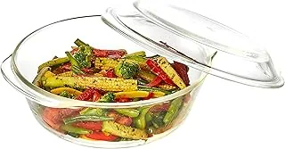 Amazon Brand - Solimo Borosilicate Glass Casserole-Cum-Serving Bowl with Lid | Oven & Microwave Safe | Deep Round | 2 L | Transparent Amazon Brand - S