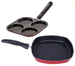 Nonstick Aluminium Non-Induction Cookware Set of 2 Pieces Including Casting Uttapam-4 Cavity & Grill Pan-22.5cm (Color-Red)