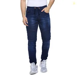 CAHOOT Men' Denim Jeans for Regular Wear Blue Dark Wash Self Patterned Slim Fit Jeans Crafted with Comfort Fit and High Performance for Everyday Casua