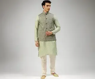 Men Silk Blend Floral (Since 1958 Pista Kurta & Nehrujacket With Offwhite Pyjama Set
