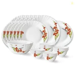 Larah by Borosil Red Iris Fluted Series Opalware Dinner Set | 27 Pieces for Family of 6 | Microwave & Dishwasher Safe | Bone-Ash Free | Crockery Set f