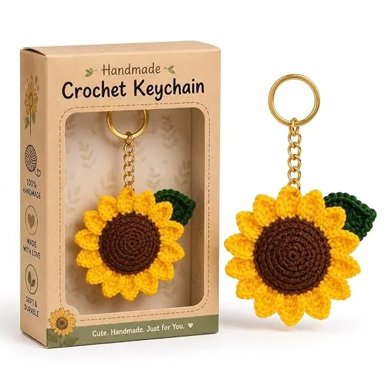Handmade Crochet Sunflower Keychain for Women & Girls Cute Yellow Flower Key Ring Charm, Soft Yarn Knitted Gift, Bag Charm, Car Key Holder, Aesthetic Handmade Floral Accessory (Yellow, Brown, And Green)