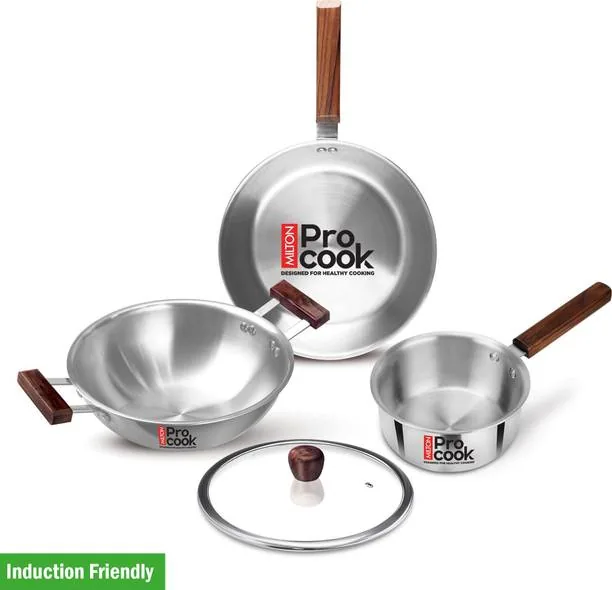MILTON Procook Triply Stainless Steel 4pc with Wood Handle Saucepan Frypan Kadhai & lid Induction Bottom Cookware Set Stainless Steel, 4 - Piece